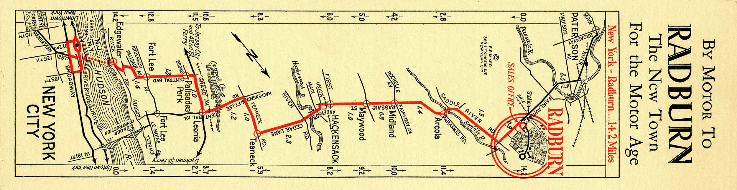 “By Motor To Radburn. The New Town for the Motor Age.” Sixteen miles west of Manhattan, by way of the Holland Tunnel (opened November 1927).