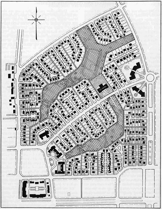 The superblock turns the American grid inside out. Houses face an interior commons; cars enter on short dead-end “lanes” off a perimeter loop.