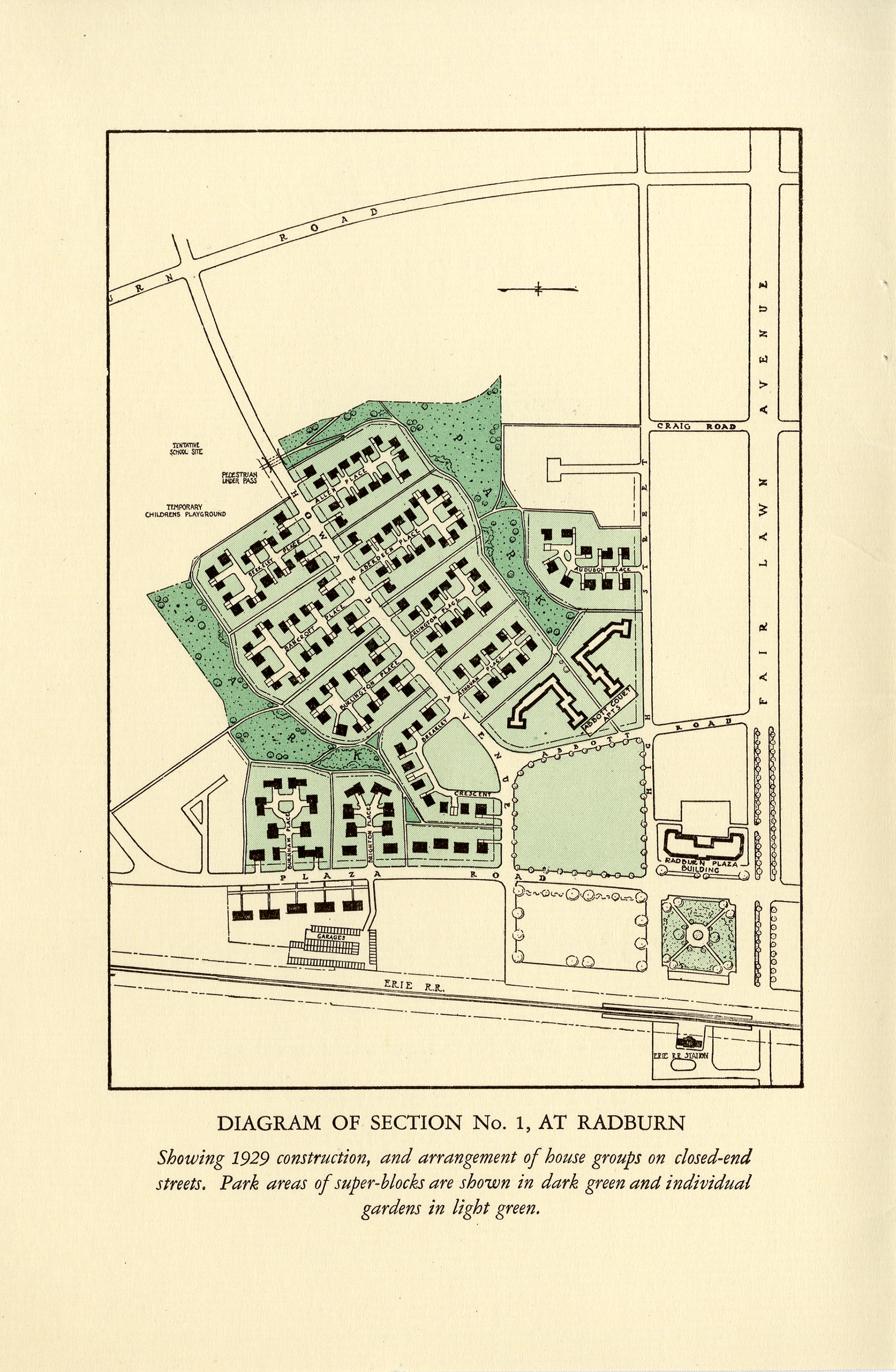 “Diagram of Section No. 1, at Radburn, showing 1929 construction, and arrangement of house groups on closed-end streets. Park areas of super-blocks are shown in dark green and individual gardens in light green.”