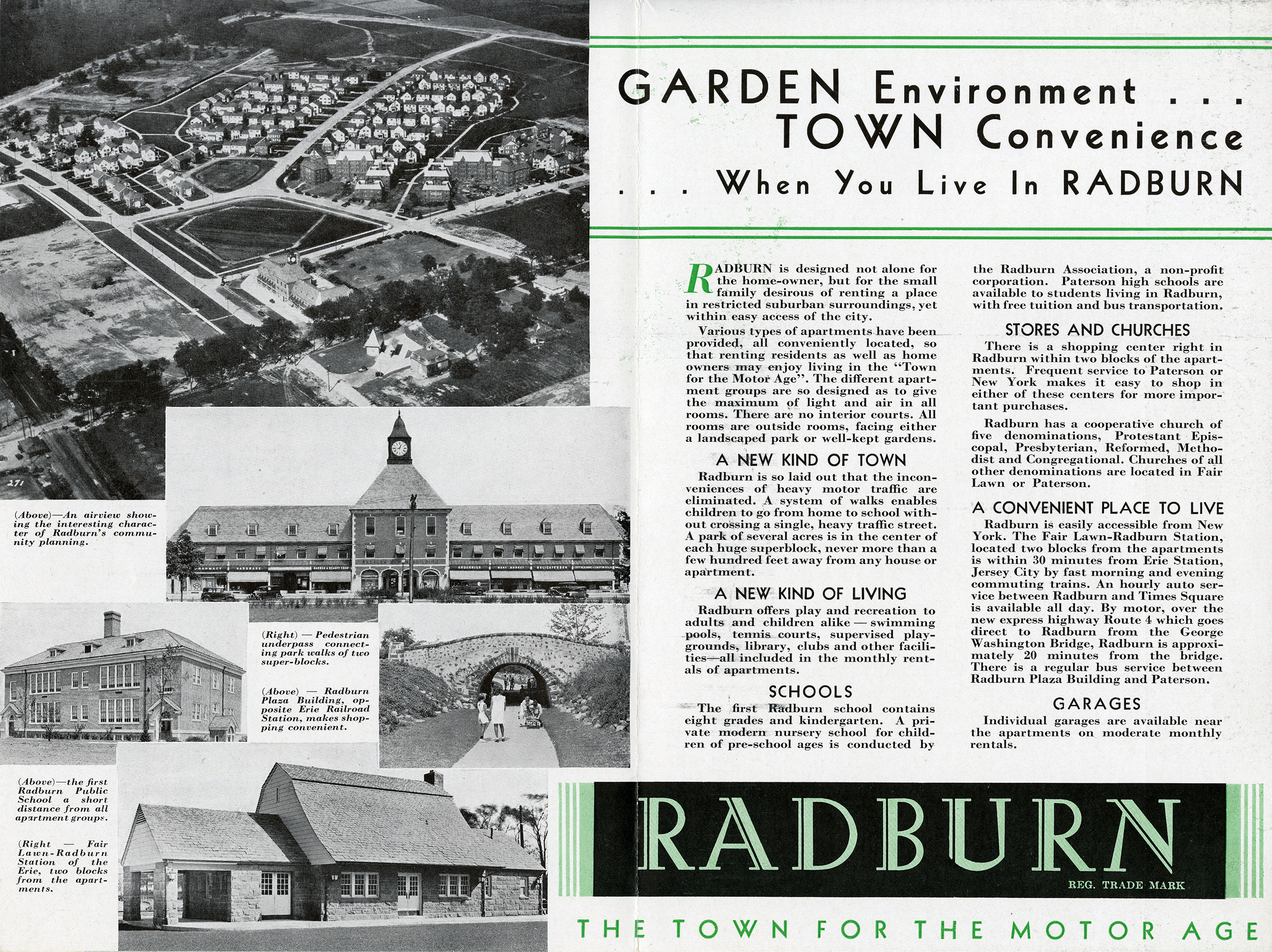 “Garden Environment … Town Convenience … When You Live In Radburn.” Inside spread: pedestrian underpasses, school, Plaza, “all-in-one Monthly Payments.” Charles Ascher's covenants, drafted at the same desk, became a template for the modern HOA.