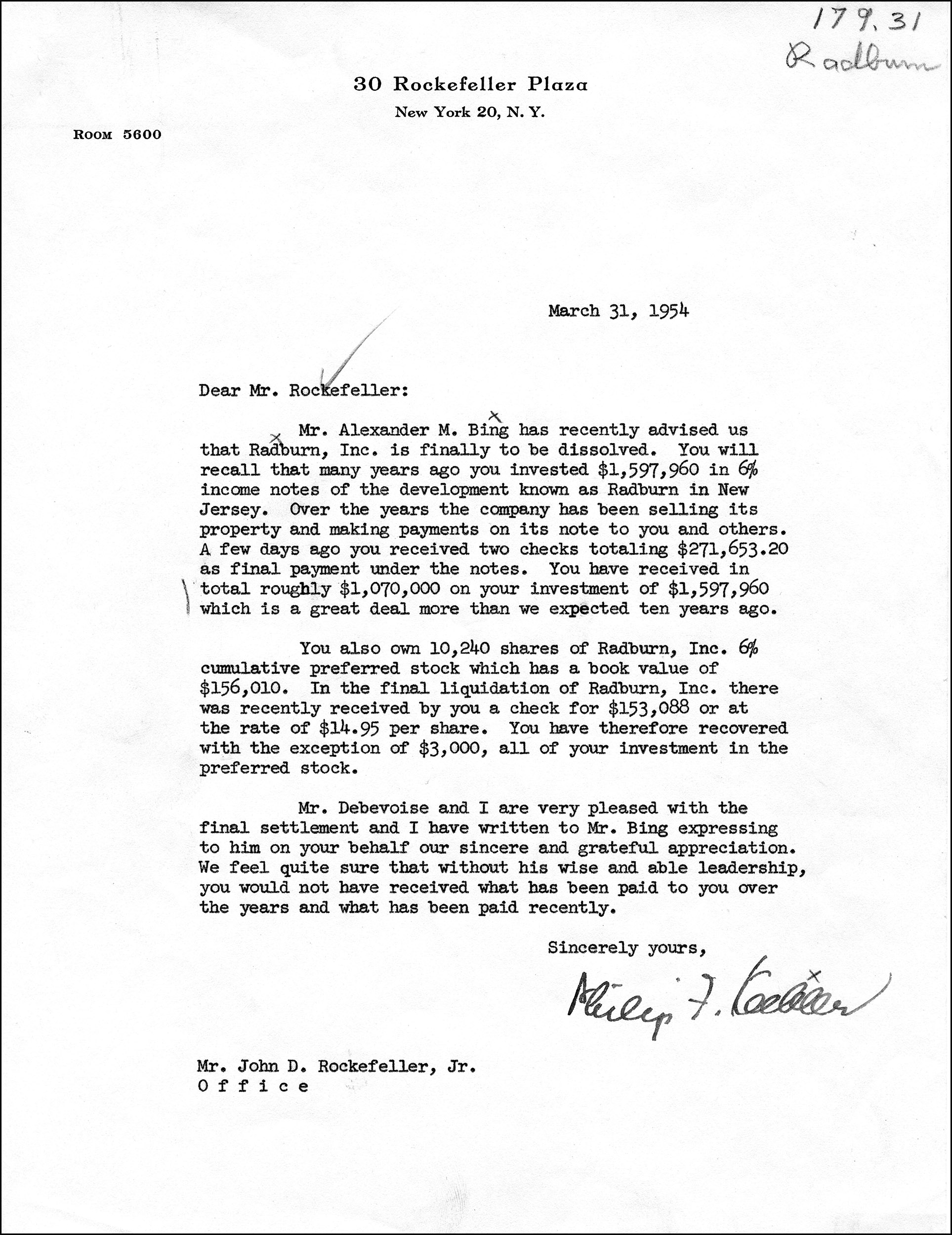 “Mr. Alexander M. Bing has recently advised us that Radburn, Inc. is finally to be dissolved.” Philip F. Cosden to John D. Rockefeller, Jr., 31 March 1954, twenty-five years after the first families moved in.