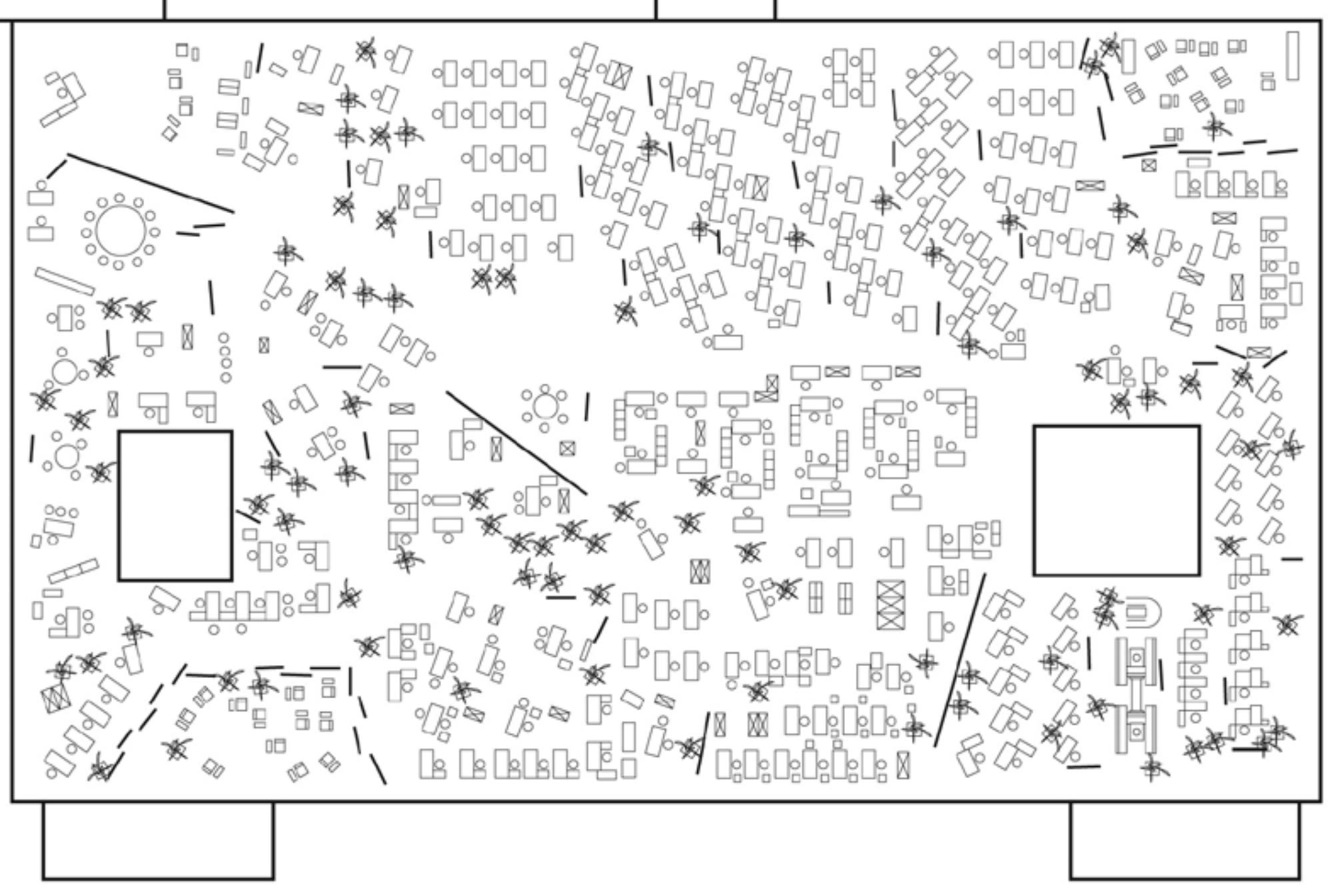 The layout for Bertelsmann's mail-order division (1959–1961), widely recognized as the first built "office landscape" (Bürolandschaft). Desks break from traditional orthogonal grids, and circulation routes are buffered by plants. According to Andreas Rumpfhuber's archival research, these paths were intentionally designed to bypass work groups, avoiding direct visual distractions while maintaining proximity.