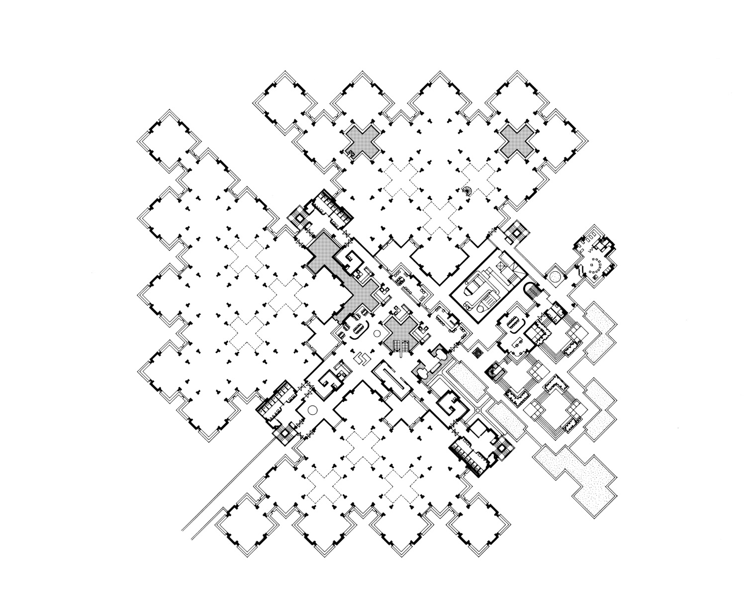 The floor plan of Centraal Beheer. Work islands are positioned on a diagonal grid, defining the circulation routes merely as the organic negative space left between them.
