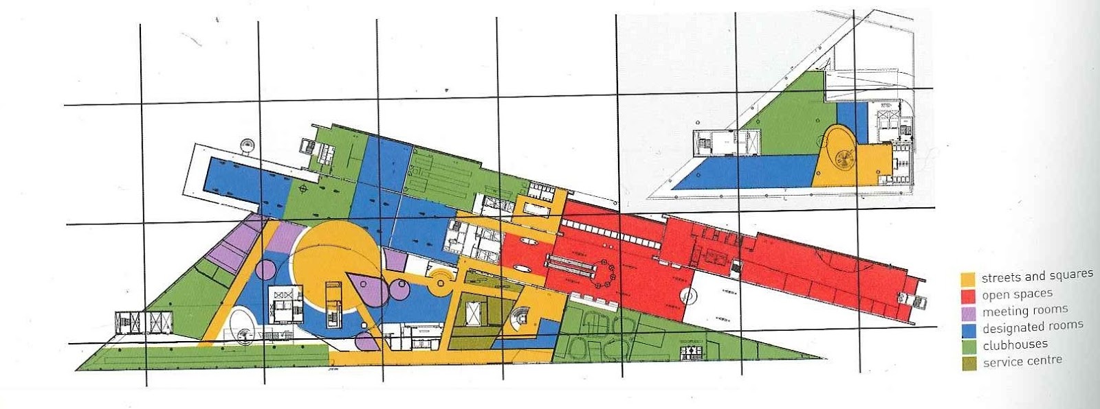 The 1996 Interpolis office in Tilburg, developed with Erik Veldhoen and widely considered the pioneer of the activity-based office. Eliminating assigned seating entirely, the layout zones the floor by task. The legend highlights diverse communal and focus environments, including "streets and squares," meeting rooms, clubhouses, and designated quiet areas.