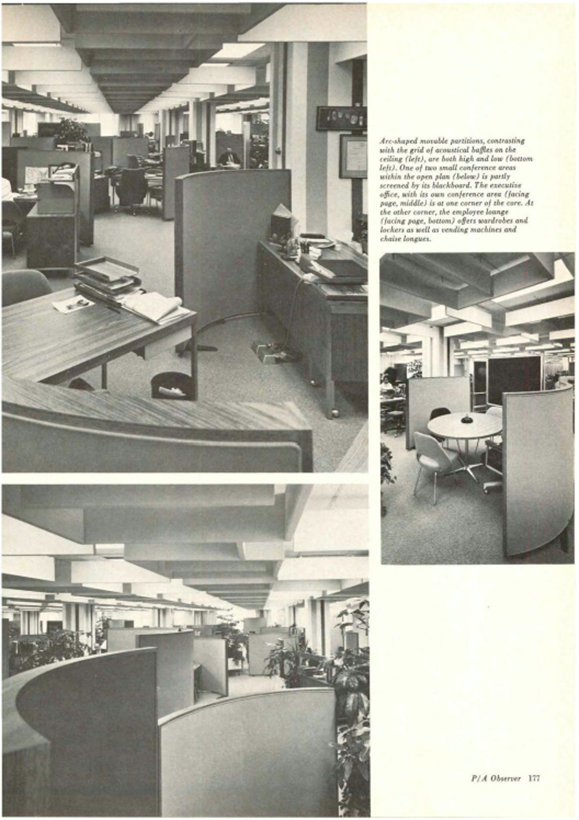 An open office floor design published in 1968, showcasing early activity-based planning. Curved, movable partitions carve out dedicated conference spaces within the open plan, while an employee lounge anchors a corner. This illustrates a shift toward offering a menu of diverse work settings on a single floor plate.