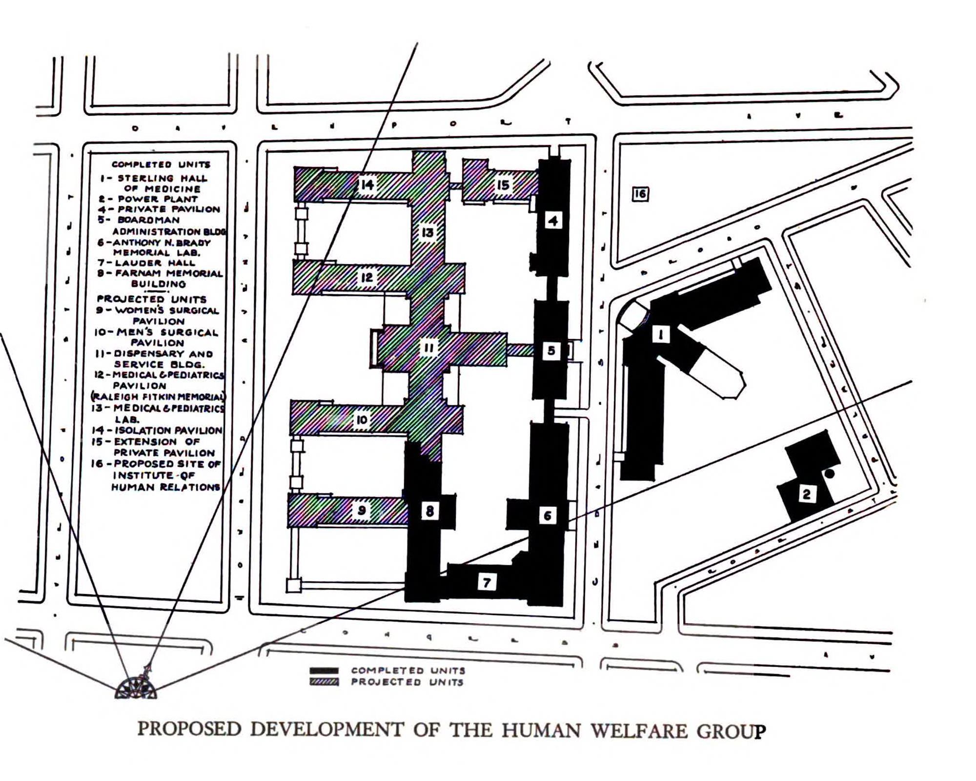 The proposed 1929 development plan for Yale's Human Welfare Group. The numbered key identifies medical, surgical, and pediatric buildings, strategically situating the Institute of Human Relations (item 16) directly among them to foster early cross-disciplinary co-location.