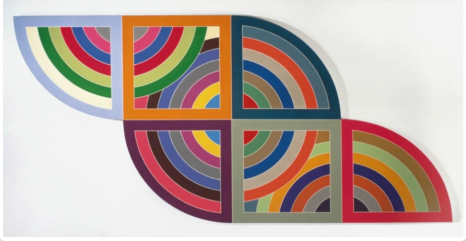 Frank Stella, large Protractor painting. Interlocking arcs and quarter-rounds carrying bands of color.