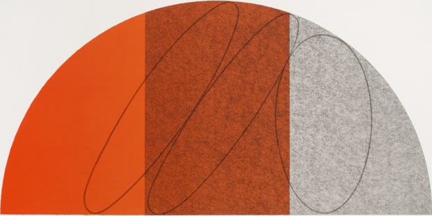 Robert Mangold, semicircle with ellipses. Chalk-line drawing inscribed onto a band of orange and grey.