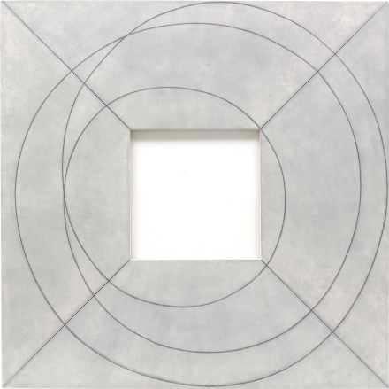Robert Mangold, square inside circle, graphite on grey panel.