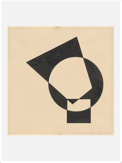 Sophie Taeuber-Arp, Construction géométrique, 1942. Black square, disc, and rectangle locked into a single figure.